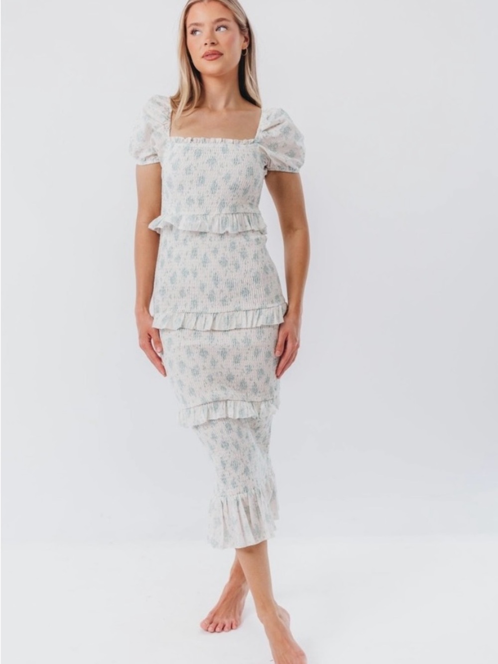 Ada Smocked Puff Sleeve Midi Dress in Light Blue Floral